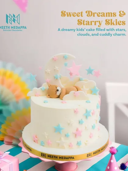 Sometimes, the sweetest dreams are the most gentle. This cake features a sleepy teddy bear nestled on fondant clouds under a pastel moon and stars, creating a soft and cuddly theme for a little one's special day.