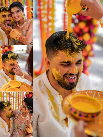 A collage of happy and messy Haldi moments. From the couple sharing a turmeric-smeared hug to the groom getting completely covered, these photos tell the story of a ceremony filled with love and laughter.