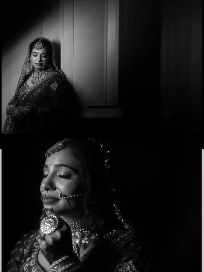 A dramatic black and white collage of bridal portraits, using shadows and light to create a timeless and artistic feel.