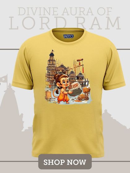 A cute and unique design showing a young Lord Hanuman helping build the Ram Mandir. A playful yet devotional print.
