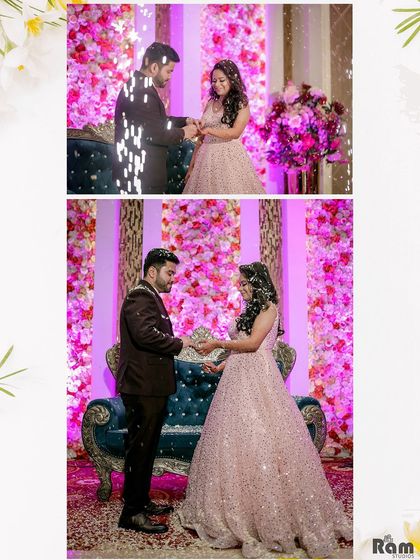 The magical moment of the ring exchange, complete with sparklers. This collage captures the excitement and celebration as the couple makes their commitment official.