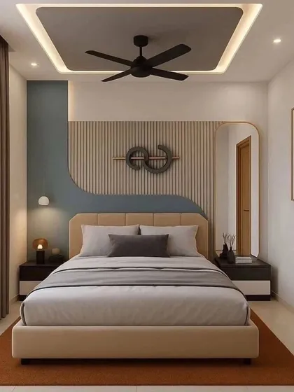 This 3D render showcases a modern bedroom with a unique, wave-like accent wall behind the bed. The combination of teal, beige, and wood tones, along with a minimalist false ceiling, creates a calm and contemporary space.