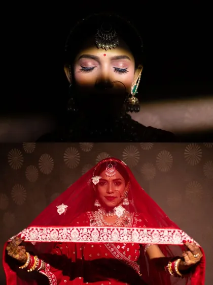A diptych of bridal portraits, one using dramatic shadow play and the other showing the bride with her traditional red veil. This demonstrates my creative approach to bridal photography.