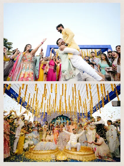 A collage capturing the high energy of the Haldi ceremony. From the groom being lifted by his friends to the entire group celebrating, it’s all about joy.