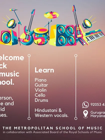 Welcome back to music school. Our doors are open for in-person, online, and hybrid classes. Learn piano, guitar, violin, cello, drums, and both Hindustani and Western vocals.