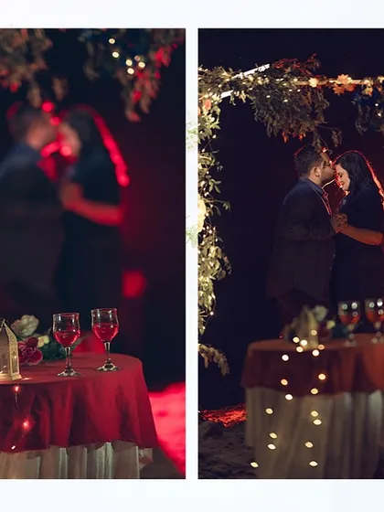 A focus on the romantic details. The wine glasses, the candle-lit table, and the couple embracing in the background. This shot highlights the beautiful ambiance we create for your special date night.