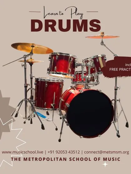 This image showcases a full drum kit, ready for a lesson. We offer free practice sessions for our drum students, providing the necessary equipment and space to hone their skills.