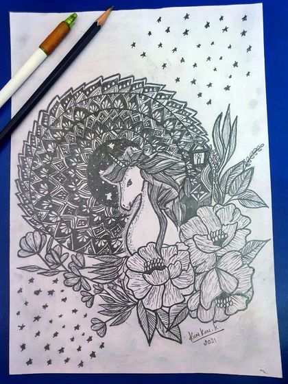 The completed unicorn and flower mandala sketch, a beautiful blend of fantasy and intricate design.