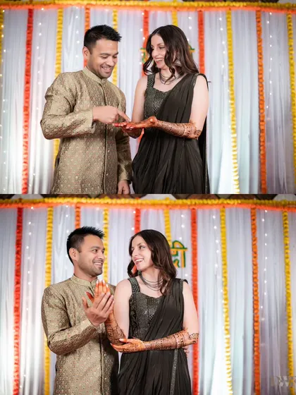 A collage of the couple sharing a sweet moment during the Mehendi ceremony, with the groom admiring the bride's henna.