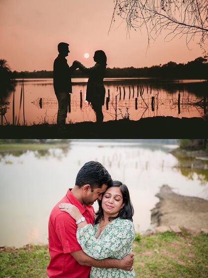 A dramatic sunset silhouette of a couple by the lake, paired with a tender, close-up portrait. We love to provide a variety of moods in one session.