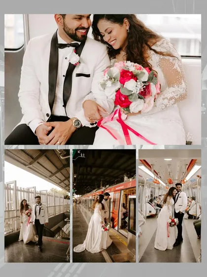 More moments from the unique metro station wedding shoot. This collage captures the couple on the platform and inside the train, using the lines and lights of the station to create interesting compositions.
