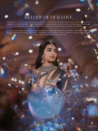 An artistic portrait of the bride through a crystal, titled "Melody of our Love."