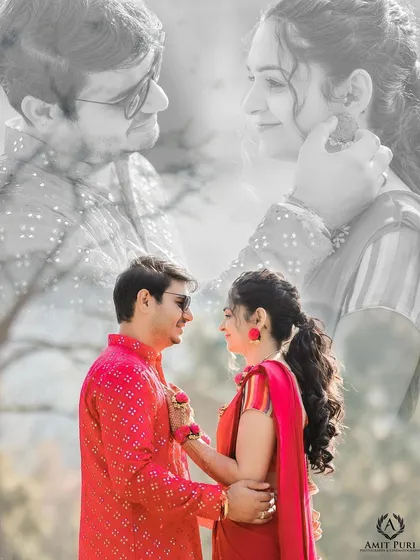 A creative collage blending a color portrait with a black and white memory. This artistic edit tells a story of their love, combining a present moment with a faded, dream-like image from their past.