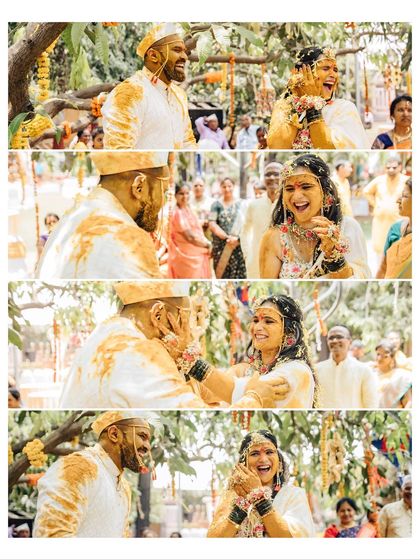 A collage of candid moments from the Haldi ceremony. It shows the couple's playful interactions as they apply turmeric paste to each other, surrounded by laughing family.