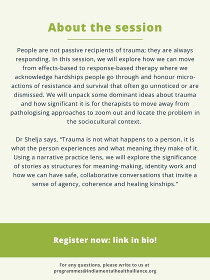 This graphic provides details about our training session on responding to trauma. We explore how to move away from pathologizing approaches and locate problems in their sociocultural context, using stories to foster healing.