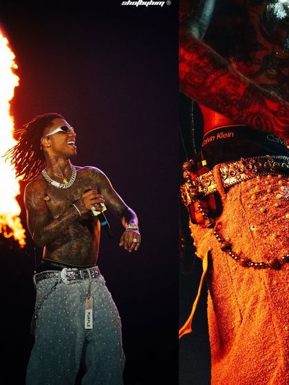 A creative diptych of Swae Lee at Rolling Loud, showing a wide shot with fire and a detailed close-up of his designer jeans and Calvin Klein waistband.