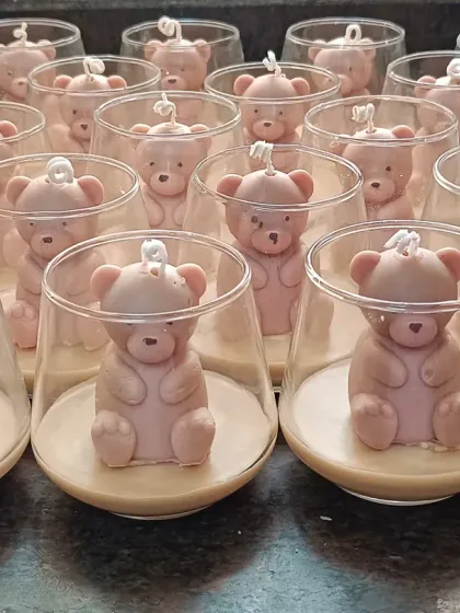 Another angle of the teddy bear jar candle batch, ready for a celebration.