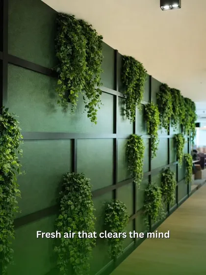 This feature wall uses panels of dark green to create a dramatic backdrop for hanging vines. The design provides the air-clearing benefits of plants while adding a sophisticated and modern aesthetic to the corridor.