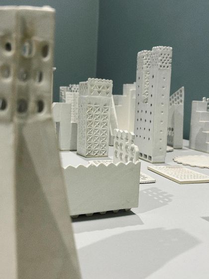 An intricate ceramic cityscape at an art exhibition in Mumbai. I love capturing the details of artists' work to share with my followers.