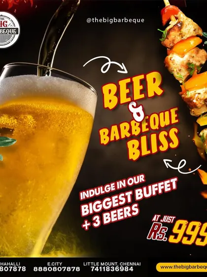 Experience beer and barbeque bliss. Indulge in our biggest buffet plus three beers for just ₹999.