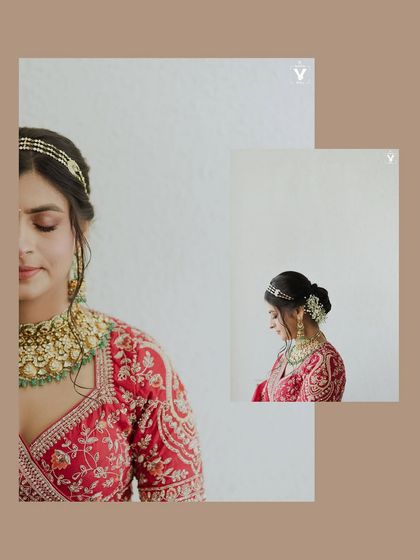 A collage of artistic bridal portraits, focusing on her elegant jewelry and serene expressions. The minimalist composition highlights her beauty and the fine details of her look.
