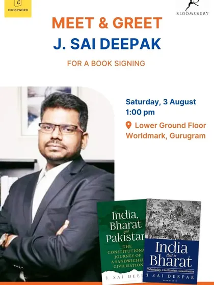 An announcement for a meet and greet and book signing event in Gurugram, organized by Crossword and Bloomsbury.