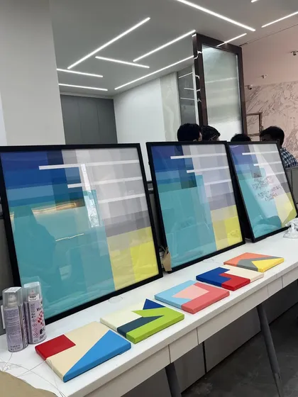 The full collection of geometric art for an office project, showcasing a cohesive color palette across different formats.