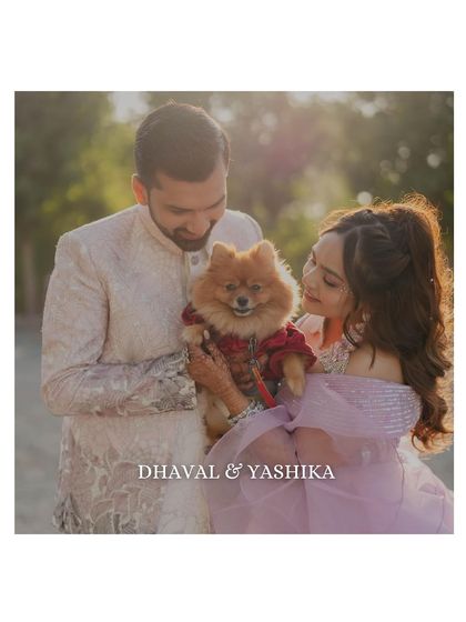A heartwarming portrait of a couple with their adorable dog. Including pets in your pre-wedding shoot is a wonderful way to capture the whole family's love.