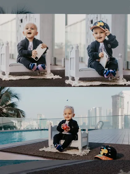 A collage from a rooftop pool-side baby shoot, capturing the baby's happy expressions against a modern city backdrop.