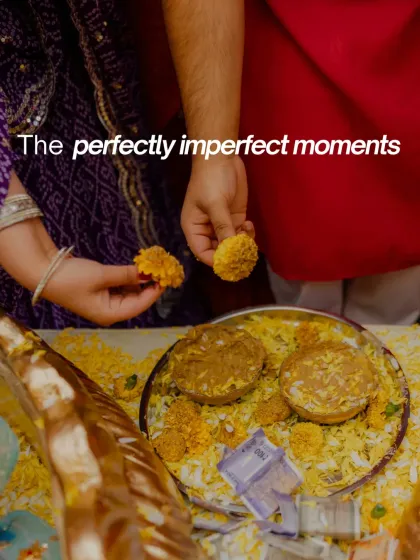 "The perfectly imperfect moments." This shot shows the couple's hands during a ritual, a simple, honest frame that captures the feeling of the moment.