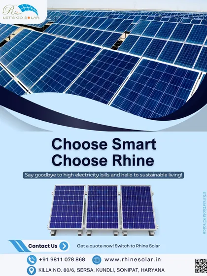 Choose smart, choose Rhine. This image of a large solar farm at sunrise represents a new dawn for sustainable living. My high-efficiency panels help you say goodbye to high electricity bills.