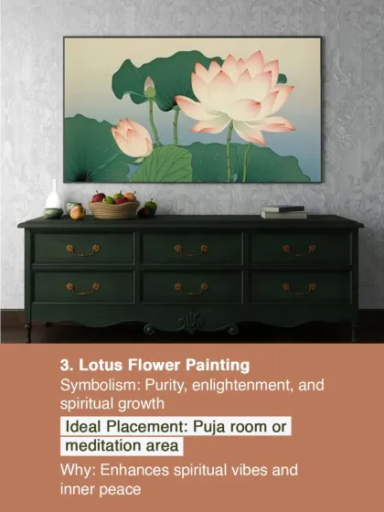 A lotus flower painting represents purity, enlightenment, and spiritual growth. We suggest placing it in the puja room or meditation area to enhance spiritual vibes and inner peace.