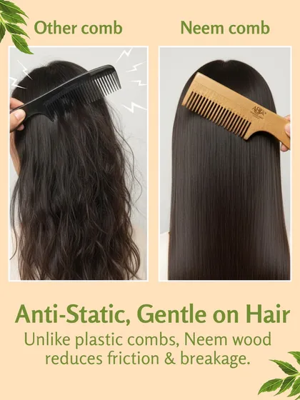 The difference between a plastic comb and my Neem wood comb is immediately visible. Neem wood is naturally anti-static, which means it glides through hair smoothly, reducing the friction that causes frizz and breakage.