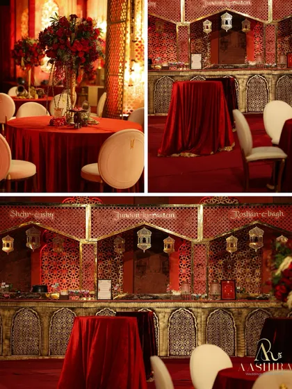 A collage showing the different elements of the Mughal-themed decor, from the guest seating with red rose centerpieces to the ornate, custom-designed bar area.