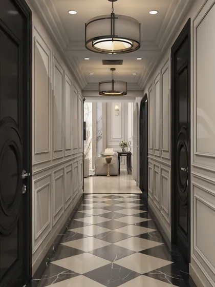 Another view of the black and white hallway, looking towards the living area, showcasing the cohesive and luxurious design language.