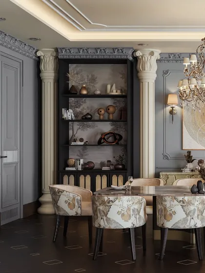 Another view of the classic-modern dining room, this time focusing on the intricate details of the wall paneling and the curated objects on the shelves.