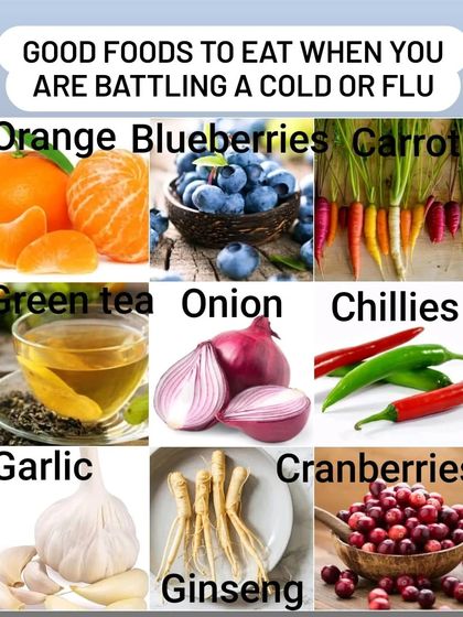 A visual list of good foods to eat when you're battling a cold or flu. Oranges, blueberries, green tea, and garlic can all help support your immune system.