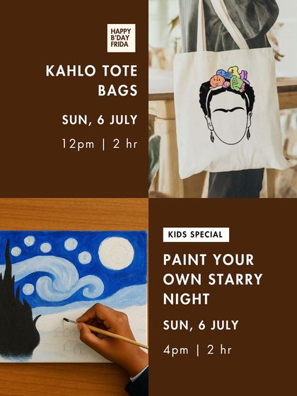 Our master artist series is a favorite at the studio. This workshop announcement features the 'Paint Your Own Starry Night' session, showing the inspiration behind our popular at-home DIY painting kit.
