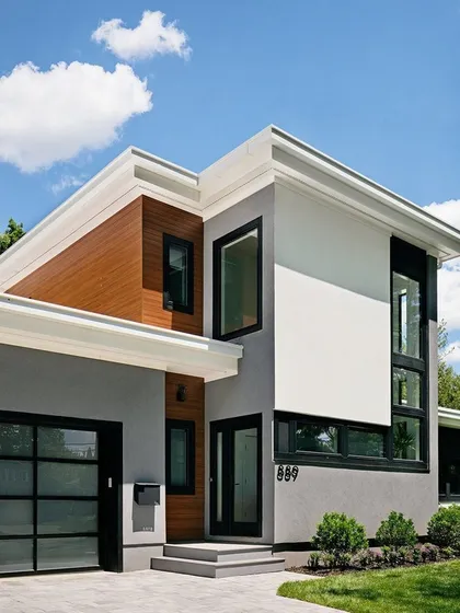 This compact modern house design showcases an efficient use of space and materials. The combination of wood paneling, grey render, and a sectional glass garage door creates a stylish and functional exterior for urban and suburban lots.