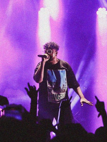 The crowd's hands in the air, the purple lights, the energy. This is the essence of a live rap show.