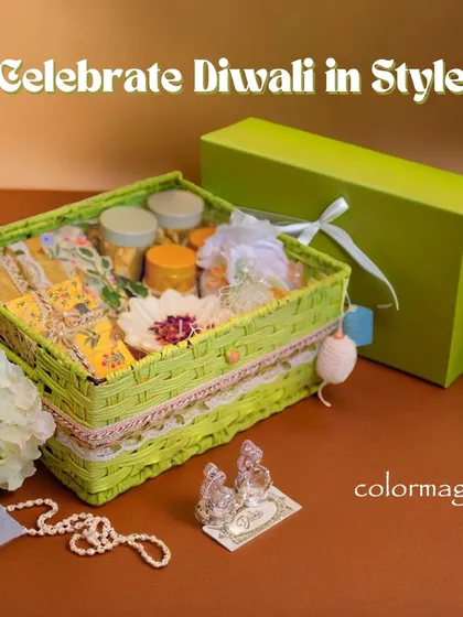 Celebrate Diwali in style with our green jute basket hamper. It comes with a matching top box and is filled with a variety of treats, making it a complete and thoughtful gift.