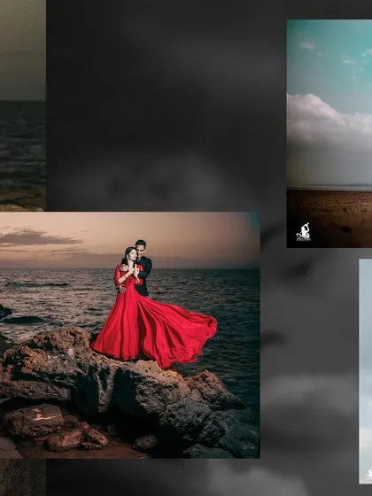 An artistic collage that combines a dramatic sunset beach photo with other moments from a couple's pre-wedding shoot.