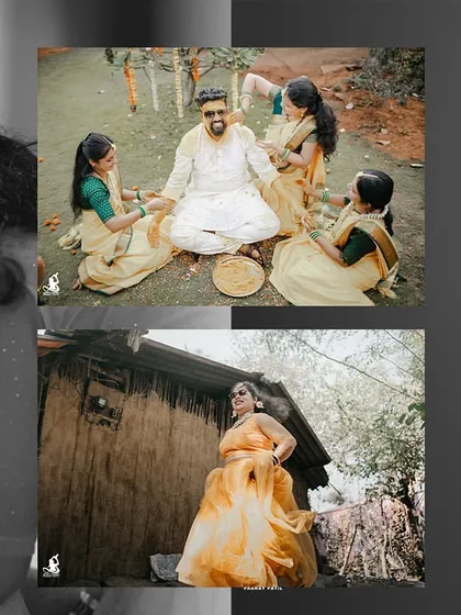 A collage capturing the mix of emotions and fun at a Haldi ceremony, from traditional rituals to playful moments.