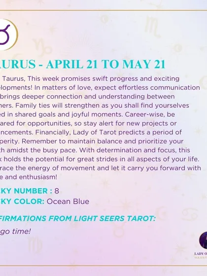 A weekly tarot reading for Taurus. This week promises swift progress and exciting developments in love, career, and finance. Embrace the energy of movement.