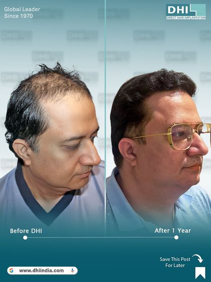 A side-profile view of a client one year after his DHI procedure. This image showcases the long-term, natural-looking results, with a restored hairline and excellent density that blends perfectly.