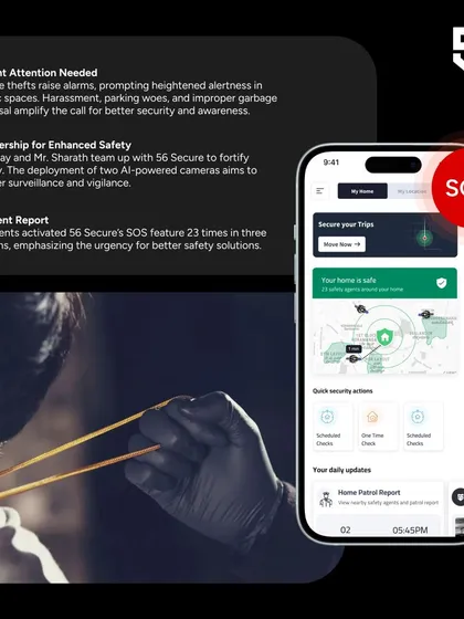 Security is in your hands with the 56 Secure app. This is our one-tap SOS feature, which instantly alerts our 24/7 command center and dispatches the nearest patrol agent to your location for any emergency.