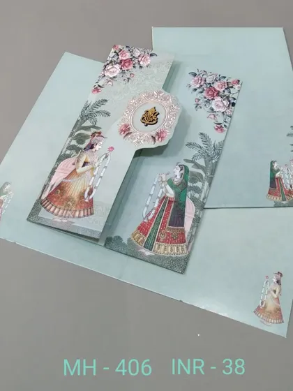 A simple and affordable invitation with illustrations of royal women. The unique flap closure and pastel green color make it a charming choice for any celebration.
