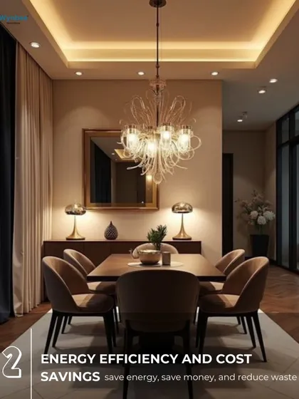 Smart lighting is key to energy efficiency and cost savings. In this elegant dining room, I've used a combination of a modern chandelier and recessed ceiling lights that can be dimmed or scheduled to reduce power consumption.