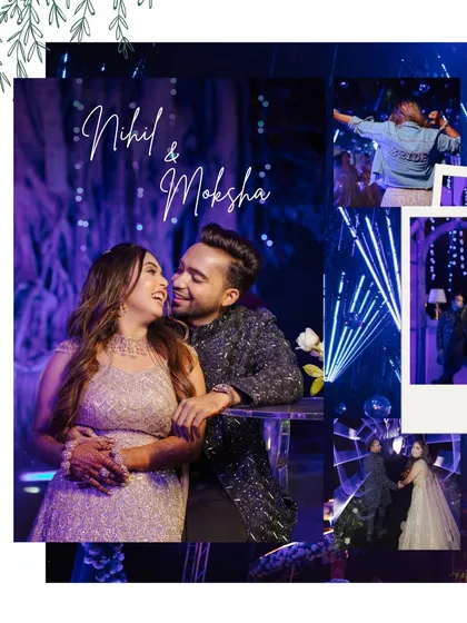 A romantic collage from the Sangeet night, capturing the couple's love story in shades of blue and purple.