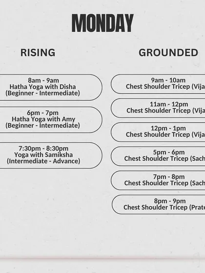 A different version of our Monday schedule, showing our commitment to offering a flexible and versatile class roster.